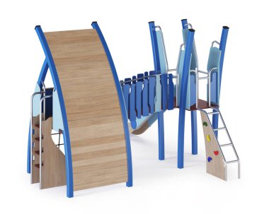 Beyaz arka planda modern çocuk oyunu kompleksi. Oyun ekipmanları, kaydırak, merdivenler ve avluya yerleştirmek için kuleler. Yakın plan. Kırpma yolu dahil. 3B görüntüleme.