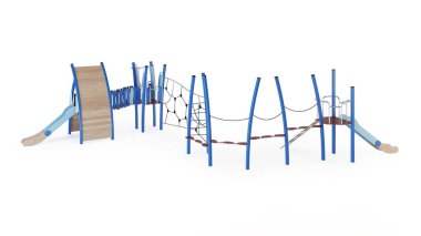 Beyaz arka planda modern çocuk oyunu kompleksi. Oyun ekipmanları, kaydırak, merdivenler ve avluya yerleştirmek için kuleler. Yakın plan. Kırpma yolu dahil. 3B görüntüleme.