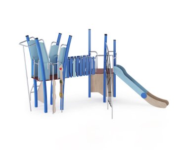 Beyaz arka planda modern çocuk oyunu kompleksi. Oyun ekipmanları, kaydırak, merdivenler ve avluya yerleştirmek için kuleler. Yakın plan. Kırpma yolu dahil. 3B görüntüleme.
