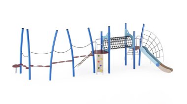Beyaz arka planda modern çocuk oyunu kompleksi. Oyun ekipmanları, kaydırak, merdivenler ve avluya yerleştirmek için kuleler. Yakın plan. Kırpma yolu dahil. 3B görüntüleme.
