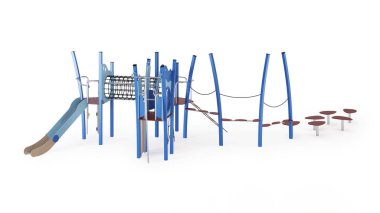 Beyaz arka planda modern çocuk oyunu kompleksi. Oyun ekipmanları, kaydırak, merdivenler ve avluya yerleştirmek için kuleler. Yakın plan. Kırpma yolu dahil. 3B görüntüleme.