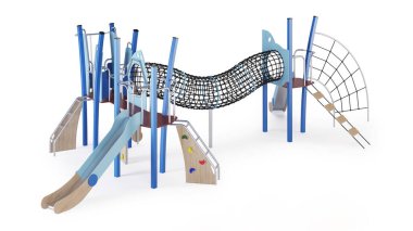 Beyaz arka planda modern çocuk oyunu kompleksi. Oyun ekipmanları, kaydırak, merdivenler ve avluya yerleştirmek için kuleler. Yakın plan. Kırpma yolu dahil. 3B görüntüleme.