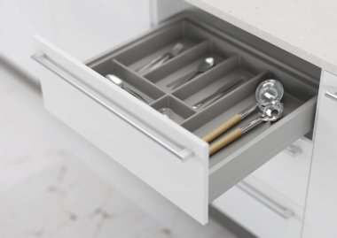Mutfak çekmecesini mutfak malzemeleriyle açın. Mutfağın depolama ve düzenlenmesi. 3d oluşturma.