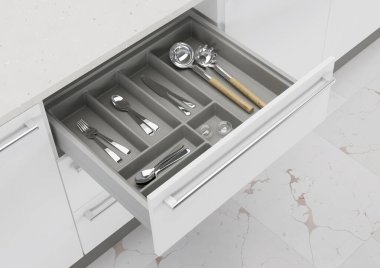 Mutfak çekmecesini mutfak malzemeleriyle açın. Mutfağın depolama ve düzenlenmesi. 3d oluşturma.
