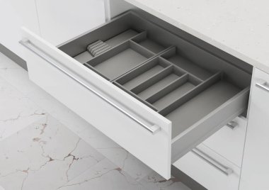 Mutfak çekmecesini mutfak malzemeleriyle açın. Mutfağın depolama ve düzenlenmesi. 3d oluşturma.