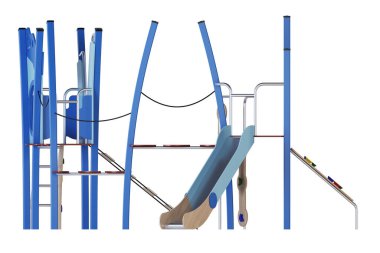 Beyaz arka planda modern çocuk oyunu kompleksi. Oyun ekipmanları, kaydırak, merdivenler ve avluya yerleştirmek için kuleler. Yakın plan. Kırpma yolu dahil. 3B görüntüleme.