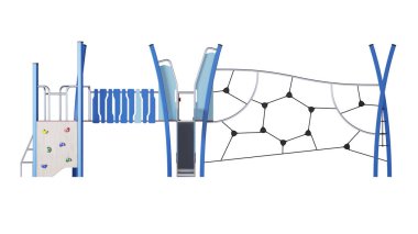 Beyaz arka planda modern çocuk oyunu kompleksi. Oyun ekipmanları, kaydırak, merdivenler ve avluya yerleştirmek için kuleler. Yakın plan. Kırpma yolu dahil. 3B görüntüleme.