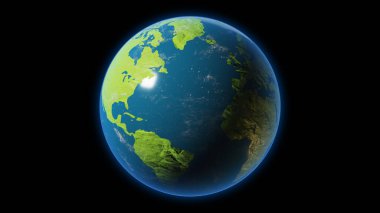 Dünya gezegeni kara arka planda izole edilmiş. Kırpma yolu dahil. 3B görüntüleme.