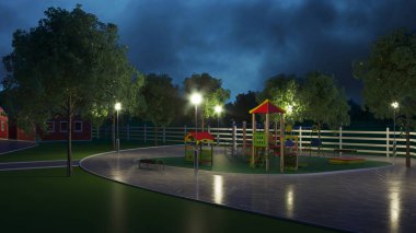 Kırmızı ahşap binaları olan bir çiftlik, arabalar için park yeri, çocuk parkı. İyi geceler. Akşam aydınlatması. 3B görüntüleme.