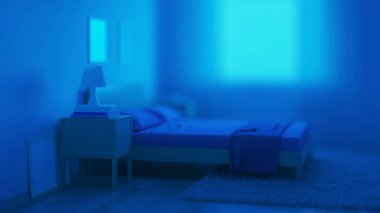 Yatak odasının içini modern bir mavi tonda. İyi geceler. Akşam aydınlatması. 3B görüntüleme.