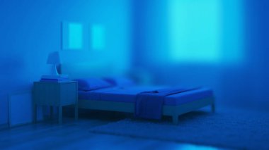 Yatak odasının içini modern bir mavi tonda. İyi geceler. Akşam aydınlatması. 3B görüntüleme.