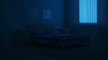 Yatak odasının içini modern bir mavi tonda. İyi geceler. Akşam aydınlatması. 3B görüntüleme.