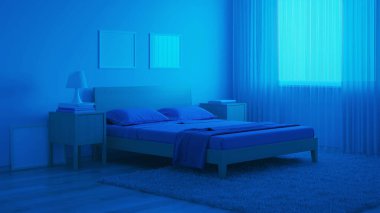 Yatak odasının içini modern bir mavi tonda. İyi geceler. Akşam aydınlatması. 3B görüntüleme.