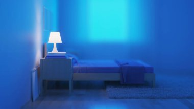 Yatak odasının içini modern bir mavi tonda. İyi geceler. Akşam aydınlatması. 3B görüntüleme.