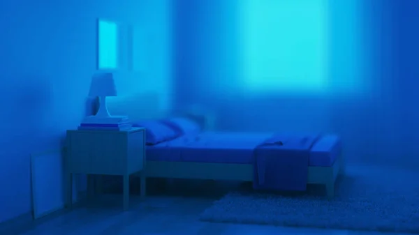 Interior Quarto Estilo Moderno Tons Azuis Boa Noite Iluminação Nocturna — Fotografia de Stock