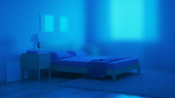 Interior Quarto Estilo Moderno Tons Azuis Boa Noite Iluminação Nocturna — Fotografia de Stock