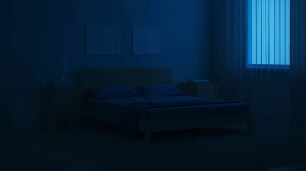 Εσωτερικό Του Υπνοδωματίου Μοντέρνο Στυλ Μπλε Τόνους Νύχτα Βραδινός Φωτισμός — Φωτογραφία Αρχείου