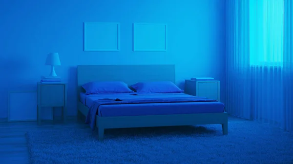 The interior of the bedroom in a modern style in blue tones. Night. Evening lighting. 3D rendering.