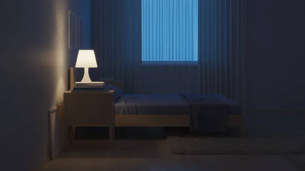 ブルートーンのモダンなスタイルでベッドルームのインテリア 夜の照明 3Dレンダリング — ストック写真