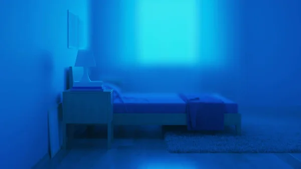 ブルートーンのモダンなスタイルでベッドルームのインテリア 夜の照明 3Dレンダリング — ストック写真