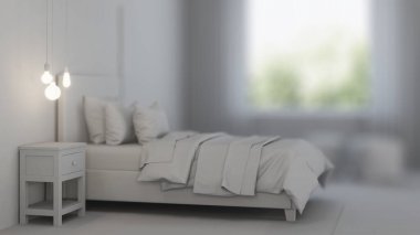 Kızlar için tasarlanmış bir yatak odası. Çocuk odası tasarımı. İç kısmı gri. 3B görüntüleme.