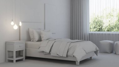 Kızlar için tasarlanmış bir yatak odası. Çocuk odası tasarımı. İç kısmı gri. 3B görüntüleme.