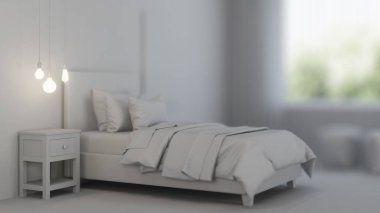 Kızlar için tasarlanmış bir yatak odası. Çocuk odası tasarımı. İç kısmı gri. 3B görüntüleme.