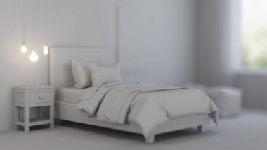 Kızlar için tasarlanmış bir yatak odası. Çocuk odası tasarımı. İç kısmı gri. 3B görüntüleme.