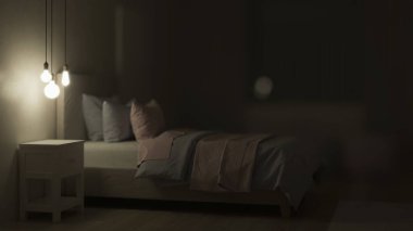 Kızlar için tasarlanmış bir yatak odası. Çocuk odası tasarımı. İyi geceler. Akşam aydınlatması. 3B görüntüleme.