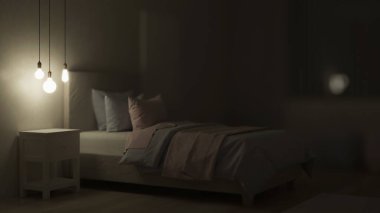 Kızlar için tasarlanmış bir yatak odası. Çocuk odası tasarımı. İyi geceler. Akşam aydınlatması. 3B görüntüleme.