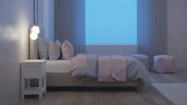 Kızlar için tasarlanmış bir yatak odası. Çocuk odası tasarımı. İyi geceler. Akşam aydınlatması. 3B görüntüleme.