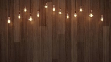 Ahşap bir arka planda dekoratif klasik ampuller. 3B görüntüleme.