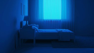 Yatak odasının içini modern bir mavi tonda. İyi geceler. Akşam aydınlatması. 3B görüntüleme.