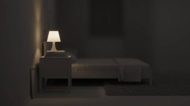 Yatak odasının içini modern bir mavi tonda. İyi geceler. Akşam aydınlatması. 3B görüntüleme.