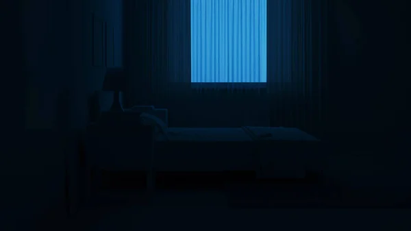 Interior Del Dormitorio Estilo Moderno Tonos Azules Buenas Noches Iluminación —  Fotos de Stock
