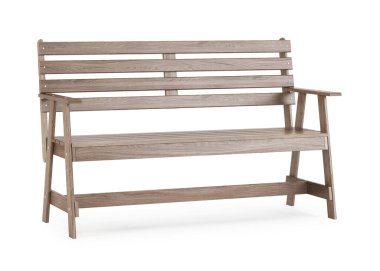 Bahçe, beyaz arka planda izole edilmiş dış mobilyalar. Tahta bank. Kırpma yolu dahil. 3B görüntüleme.