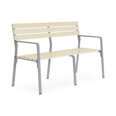 Bahçe, beyaz arka planda izole edilmiş dış mobilyalar. Tahta bank. Kırpma yolu dahil. 3B görüntüleme.