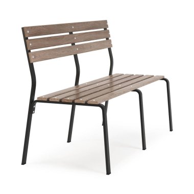 Bahçe, beyaz arka planda izole edilmiş dış mobilyalar. Tahta bank. Kırpma yolu dahil. 3B görüntüleme.