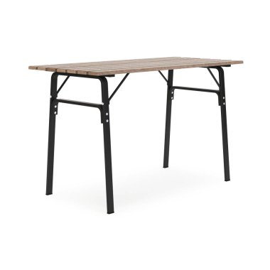 Bahçe, beyaz arka planda izole edilmiş dış mobilyalar. Tahta masa. Kırpma yolu dahil. 3B görüntüleme.