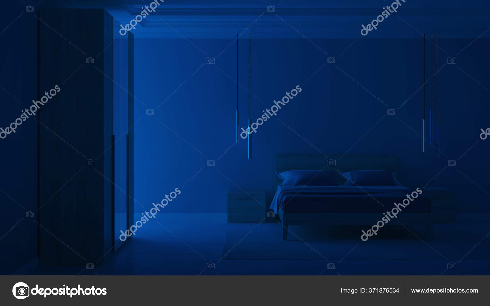Modern Bedroom Interior Blue Walls Night Evening Lighting Rendering