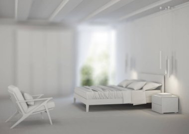 Modern yatak odasının içi. İç kısmı gri. 3B görüntüleme.