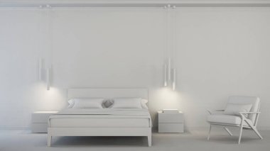Modern yatak odasının içi. İç kısmı gri. 3B görüntüleme.