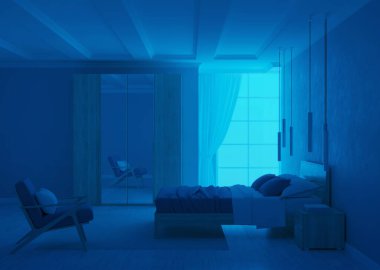 Mavi duvarlı modern yatak odası. İyi geceler. Akşam aydınlatması. 3B görüntüleme.
