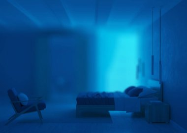 Mavi duvarlı modern yatak odası. İyi geceler. Akşam aydınlatması. 3B görüntüleme.