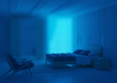 Mavi duvarlı modern yatak odası. İyi geceler. Akşam aydınlatması. 3B görüntüleme.