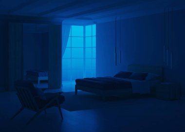Mavi duvarlı modern yatak odası. İyi geceler. Akşam aydınlatması. 3B görüntüleme.
