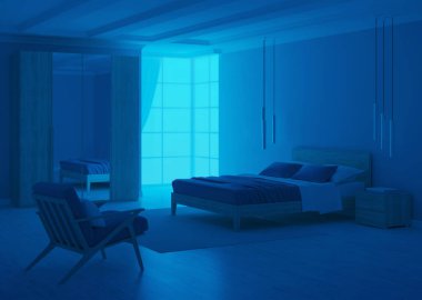 Mavi duvarlı modern yatak odası. İyi geceler. Akşam aydınlatması. 3B görüntüleme.