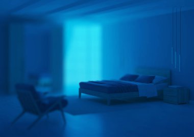 Mavi duvarlı modern yatak odası. İyi geceler. Akşam aydınlatması. 3B görüntüleme.