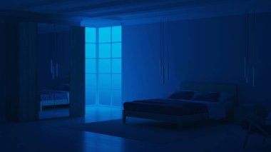 Mavi duvarlı modern yatak odası. İyi geceler. Akşam aydınlatması. 3B görüntüleme.