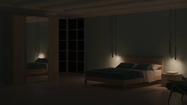 Mavi duvarlı modern yatak odası. İyi geceler. Akşam aydınlatması. 3B görüntüleme.